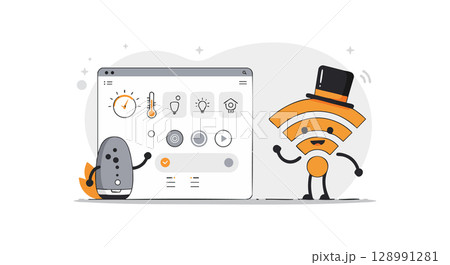 Smart Home Devices Connected with WiFi Signal and Voice Assistant Technology Vector Illustration 128991281