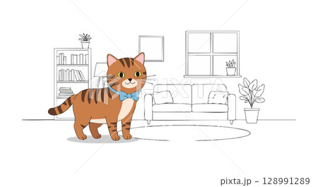 Cute brown tabby kitten with collar in modern living room vector illustration 128991289