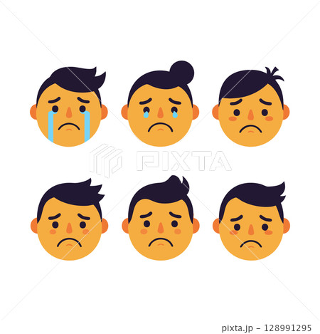 Sad and Crying Emotional Faces Vector Illustration with Different Hairstyles and Expressions 128991295
