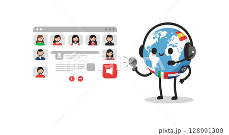 Globe Customer Support Agent with Headset and Video Call Interface Vector Illustration Globe Customer Support Agent with Headset and Video Call Interface Vector Illustration 128991300