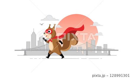 Squirrel wearing red cape superhero costume walking city skyline background vector illustration Squirrel wearing red cape superhero costume walking city skyline background vector illustration 128991301