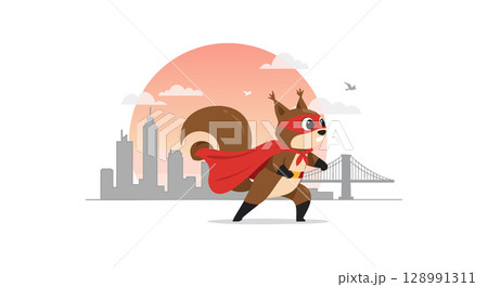 Squirrel Superhero Cartoon Character Running in City Sunset Background Vector Illustration 128991311