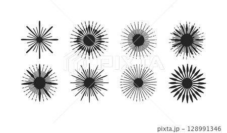 Abstract black sunburst rays vector set with radial line designs and circular centers for graphic projects Abstract black sunburst rays vector set with radial line designs and circular centers for graphic projects 128991346