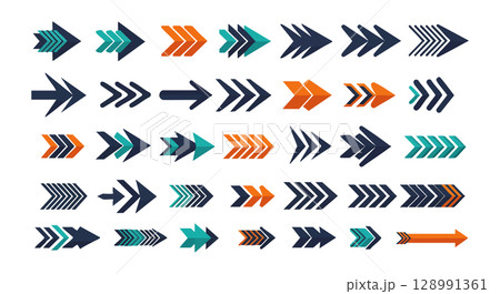 Colorful stylized arrow icons set with blue orange and teal accents for graphic design elements Colorful stylized arrow icons set with blue orange and teal accents for graphic design elements 128991361