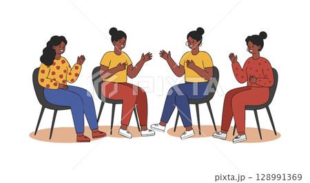 Group of women having discussion in casual clothing sitting on chairs vector illustration Group of women having discussion in casual clothing sitting on chairs vector illustration 128991369