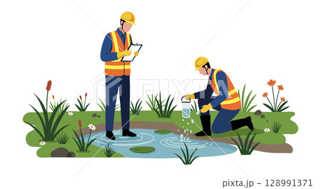 Environmental engineers testing water quality in natural pond with safety vests and helmets Environmental engineers testing water quality in natural pond with safety vests and helmets 128991371