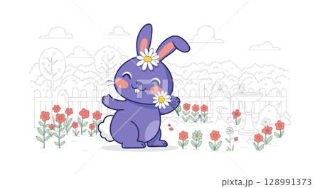 Cute purple bunny with flowers in spring garden vector illustration 128991373