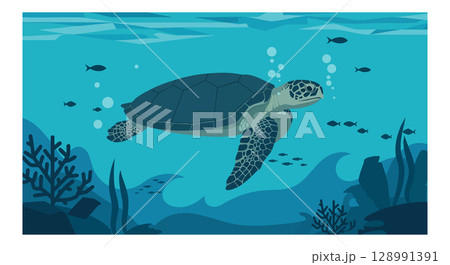 Sea turtle swimming underwater with fish and coral reef ocean wildlife vector illustration Sea turtle swimming underwater with fish and coral reef ocean wildlife vector illustration 128991391