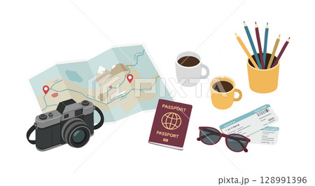 Travel essentials with camera map passport sunglasses coffee and tickets vector illustration Travel essentials with camera map passport sunglasses coffee and tickets vector illustration 128991396
