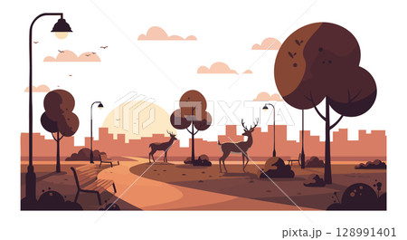 Urban park landscape with deer and sunset city skyline in warm colors vector illustration Urban park landscape with deer and sunset city skyline in warm colors vector illustration 128991401