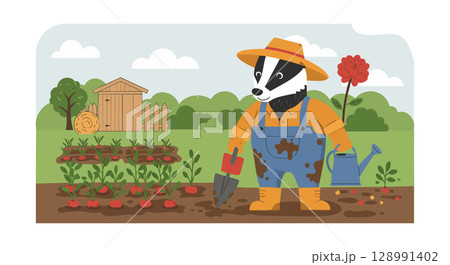 Badger Gardener Planting and Watering Vegetables in Garden with Tools and Flowers 128991402