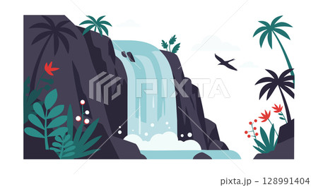 Tropical Waterfall Landscape with Palm Trees and Flying Bird in Natural Scene Tropical Waterfall Landscape with Palm Trees and Flying Bird in Natural Scene 128991404