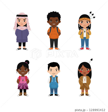 Diverse group of multicultural children wearing traditional and casual clothes vector illustration Diverse group of multicultural children wearing traditional and casual clothes vector illustration 128991412
