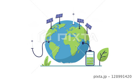 Earth globe with solar panels and battery charging renewable energy concept vector illustration Earth globe with solar panels and battery charging renewable energy concept vector illustration 128991420