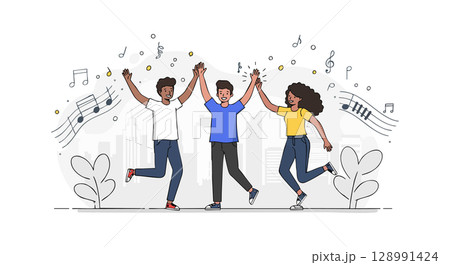 Group of diverse friends dancing happily with music notes vector illustration 128991424