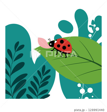 Ladybug on green leaf with teal plants vector illustration in nature setting Ladybug on green leaf with teal plants vector illustration in nature setting 128991440