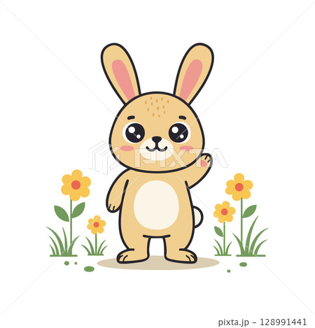 Cute cartoon bunny waving surrounded by yellow flowers on white background vector illustration Cute cartoon bunny waving surrounded by yellow flowers on white background vector illustration 128991441