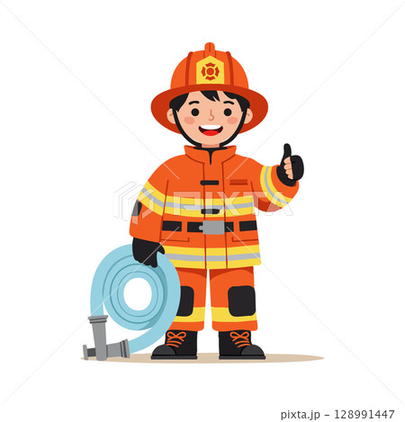 Firefighter in orange uniform holding hose giving thumbs up gesture vector illustration 128991447