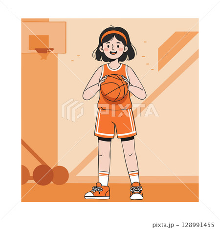 Girl basketball player in orange sportswear holding ball on indoor court vector illustration Girl basketball player in orange sportswear holding ball on indoor court vector illustration 128991455
