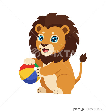 Cute lion cub playing with colorful beach ball cartoon vector illustration 128991466