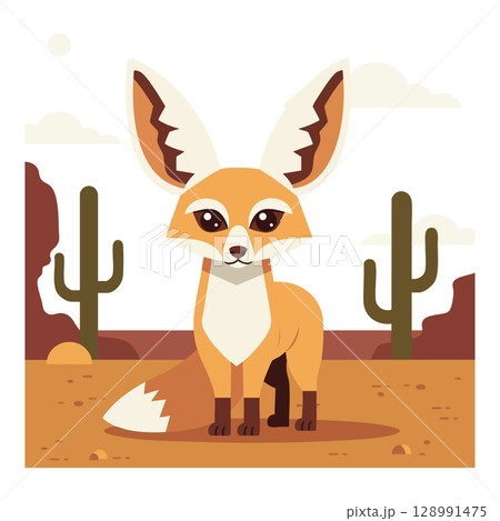 Fennec fox standing in desert landscape with cactus and rocky background vector illustration 128991475