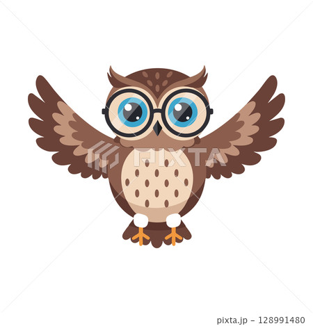 Cute owl with glasses cartoon character spreading wings vector illustration 128991480