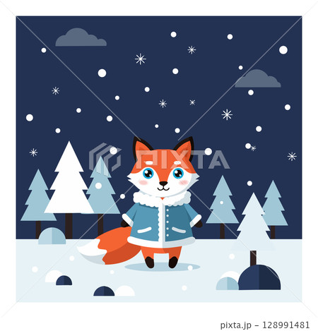 Fox in blue coat standing in snowy winter forest under starry night sky vector illustration 128991481
