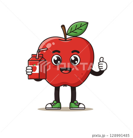 Red Apple Character Holding Juice Box with Leaf and Green Sneakers Vector Illustration Red Apple Character Holding Juice Box with Leaf and Green Sneakers Vector Illustration 128991485