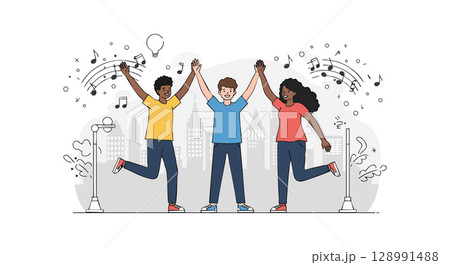 Group of diverse friends celebrating with music and cityscape background vector illustration Group of diverse friends celebrating with music and cityscape background vector illustration 128991488