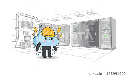 Cute cloud character with safety helmet in data center server room vector illustration Cute cloud character with safety helmet in data center server room vector illustration 128991492