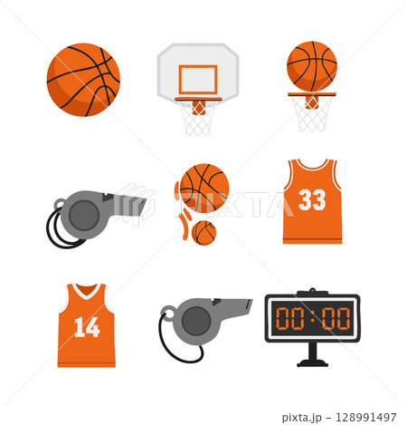 Basketball equipment and accessories with orange jerseys and scoreboard vector illustration 128991497