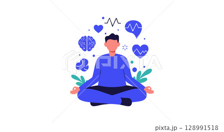Man Meditating with Health and Brain Icons in Blue Vector Illustration Man Meditating with Health and Brain Icons in Blue Vector Illustration 128991518