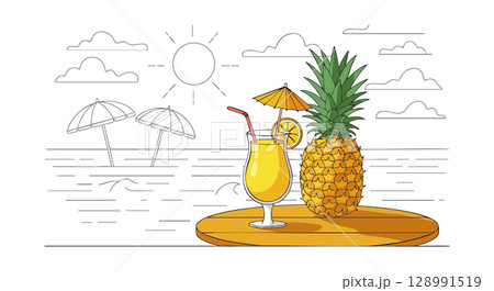 Pineapple and Tropical Juice Drink with Umbrella on Beach Background Vector Illustration 128991519