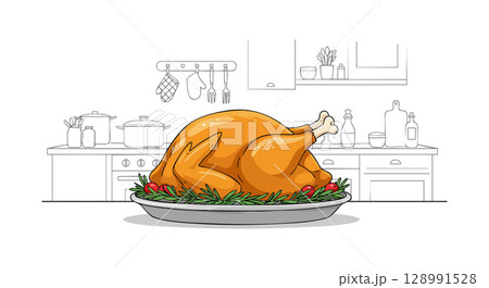 Roasted turkey on platter with herbs in kitchen cooking meal vector illustration Roasted turkey on platter with herbs in kitchen cooking meal vector illustration 128991528