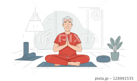 Elderly person practicing meditation and yoga at home in calm environment vector illustration Elderly person practicing meditation and yoga at home in calm environment vector illustration 128991535