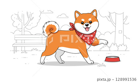 Shiba Inu Dog Walking Outdoors with Red Bandana and Food Bowl Vector Illustration Shiba Inu Dog Walking Outdoors with Red Bandana and Food Bowl Vector Illustration 128991536