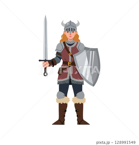 Female Viking Warrior Holding Sword and Shield in Medieval Armor Vector Illustration 128991549
