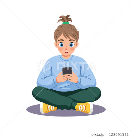 Child sitting cross-legged using smartphone surprised facial expression vector illustration Child sitting cross-legged using smartphone surprised facial expression vector illustration 128991551