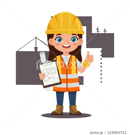 Female Construction Worker Wearing Safety Gear Holding Blueprint and Giving Thumbs Up Vector Illustration 128991552