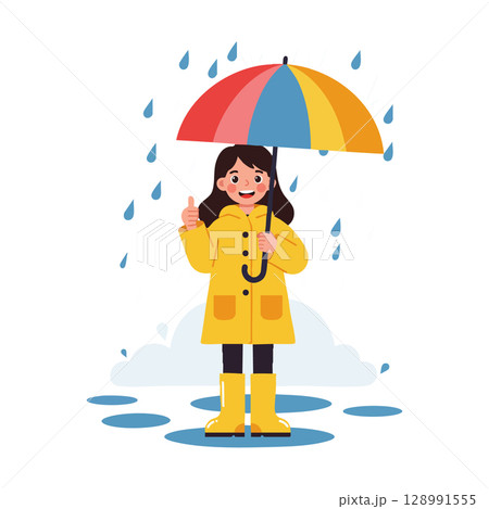 Girl Wearing Yellow Raincoat Holding Multicolored Umbrella in Rain Vector Illustration Girl Wearing Yellow Raincoat Holding Multicolored Umbrella in Rain Vector Illustration 128991555