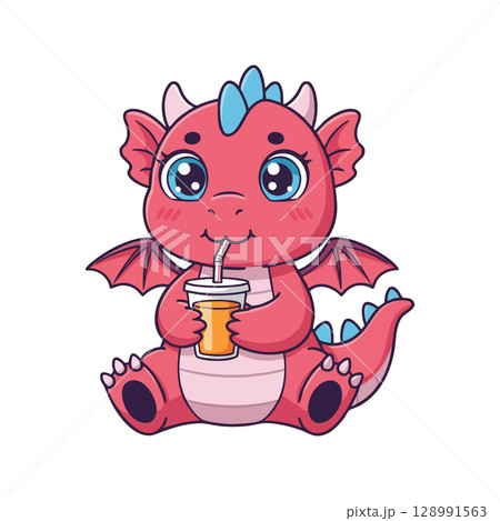 Cute red baby dragon with blue spikes drinking juice vector illustration Cute red baby dragon with blue spikes drinking juice vector illustration 128991563