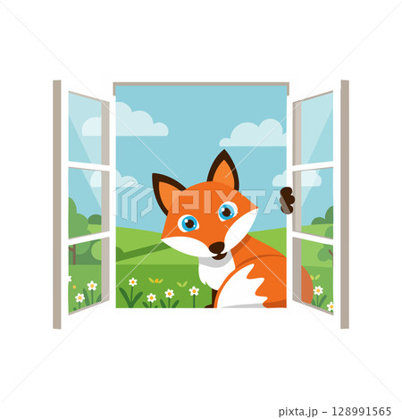 Fox looking through open window with countryside view and blue sky vector illustration Fox looking through open window with countryside view and blue sky vector illustration 128991565