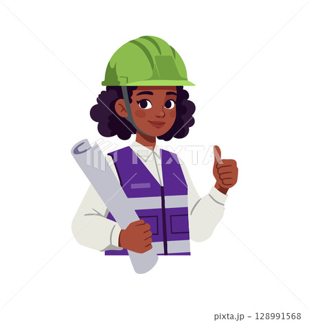 Female Construction Engineer Wearing Green Helmet Holding Blueprint and Giving Thumbs Up Vector Illustration 128991568