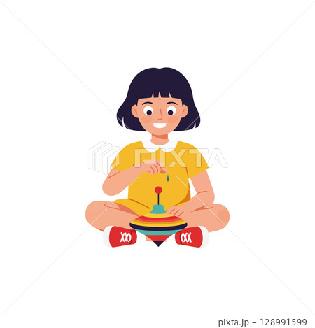 Girl playing with colorful spinning top toy sitting cross-legged vector illustration Girl playing with colorful spinning top toy sitting cross-legged vector illustration 128991599