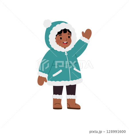 Child in Winter Coat Waving Hand Wearing Blue Jacket and Brown Boots Vector Illustration 128991600