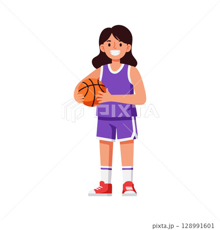 Girl holding basketball in purple sportswear standing smiling vector illustration Girl holding basketball in purple sportswear standing smiling vector illustration 128991601