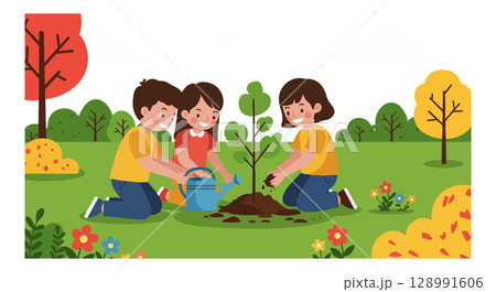Children Planting Tree Outdoors in Autumn Park Environment Vector Illustration Children Planting Tree Outdoors in Autumn Park Environment Vector Illustration 128991606