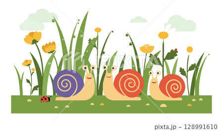 Snails with colorful shells in green grass and wildflowers vector illustration Snails with colorful shells in green grass and wildflowers vector illustration 128991610