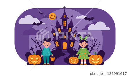 Halloween children with pumpkins and haunted house purple night spooky scene vector illustration Halloween children with pumpkins and haunted house purple night spooky scene vector illustration 128991617