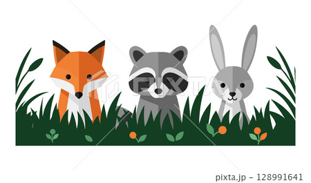Fox raccoon and rabbit animals peeking through green grass vector illustration 128991641